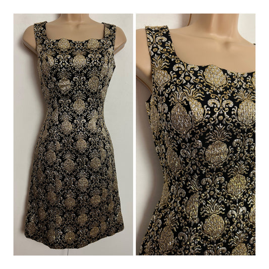 Vintage 1960s UK Size 6-8 Black Gold & Silver Brocade Party Occasion Mod Shift Dress