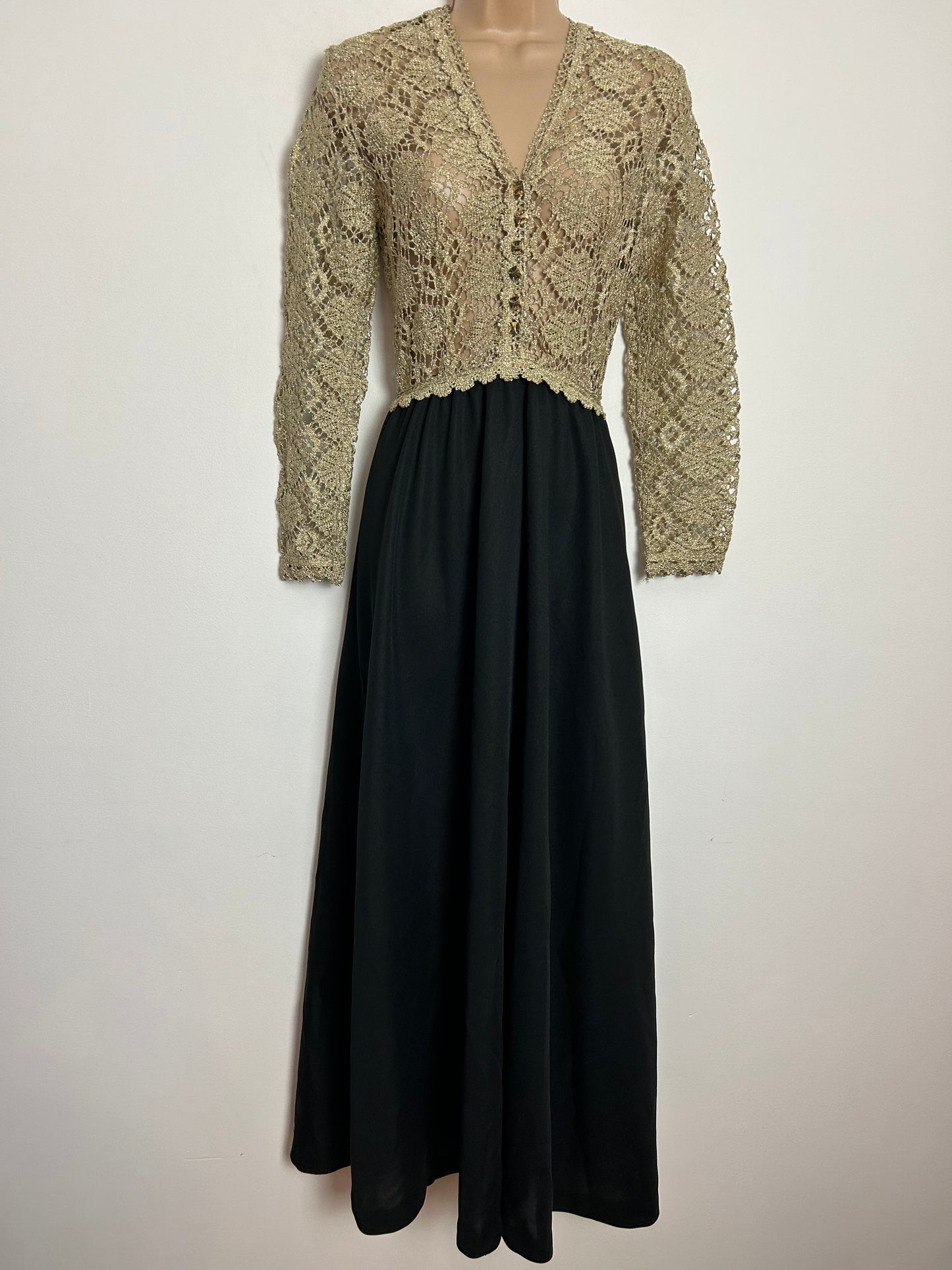 Vintage 1970s UK Size 6 Black & Metallic Gold Crochet Bodice Long Sleeve Occasion Evening Maxi Dress