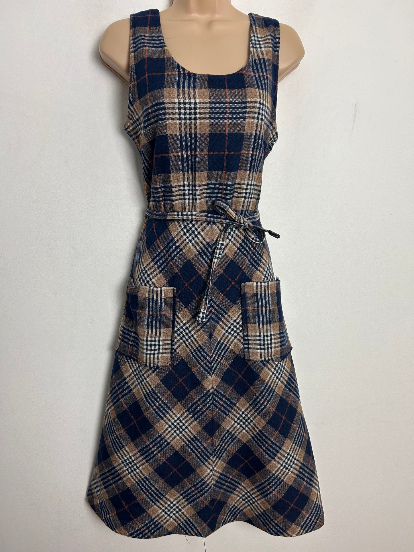 Vintage 1970s UK Size 8-10 Dark Blue & Beige Check Print Wool Mix Belted Fit & Flare Dress