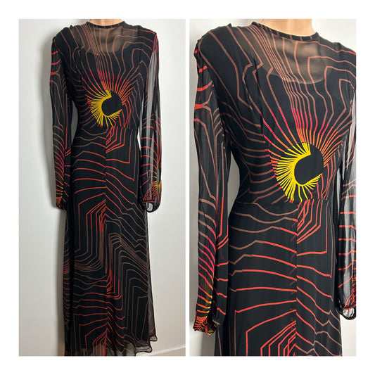 Vintage 1970s RENEE BORY PARIS Size 12-14 Black Brown Orange & Yellow Abstract Stripe Print Maxi Dress
