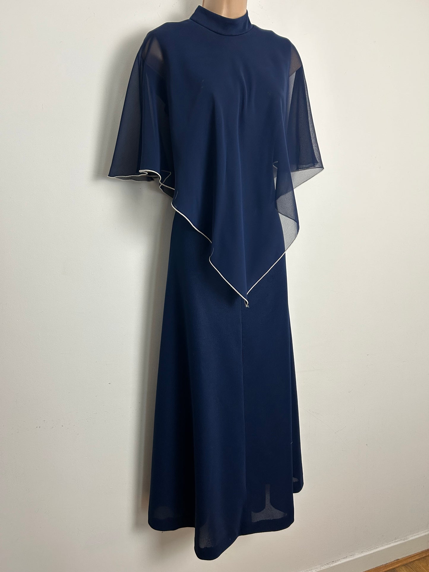 Vintage 1970s Size 10 Navy Blue Capelet Cape Sleeve Layered Boho Maxi Dress