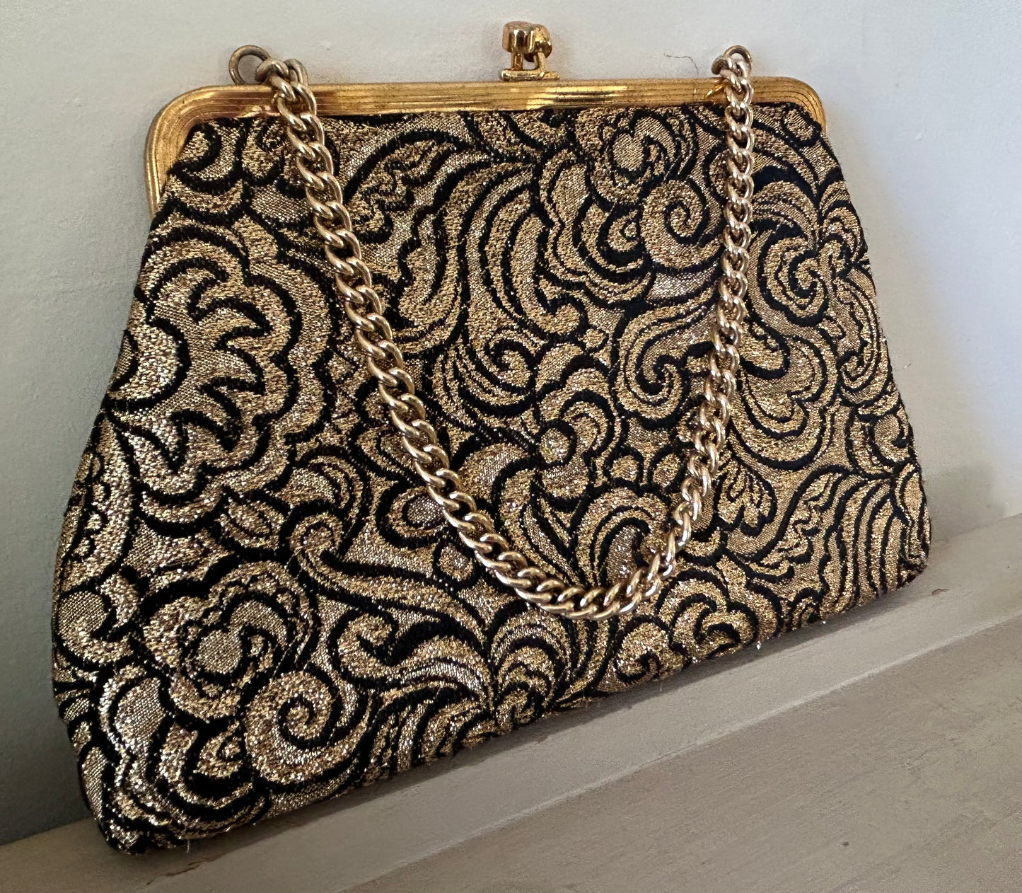 Vintage 1960s Small Black & Metallic Gold Floral Evening Bag With Chain Handle