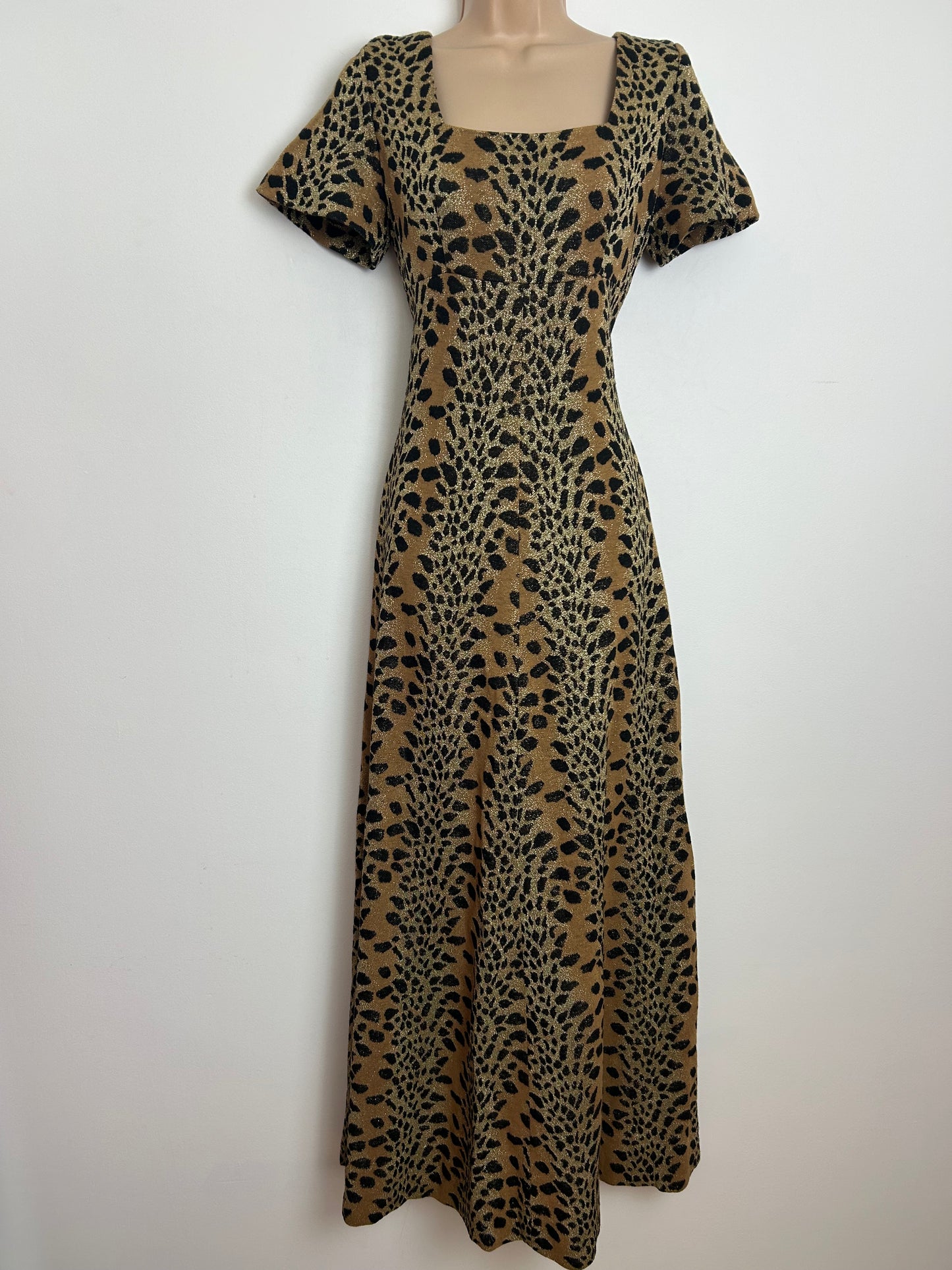 Vintage 1970s MADEMOISELLE Size 8 Black Tan & Gold Lurex Animal Print Evening Maxi Dress