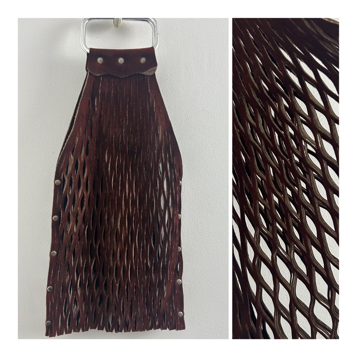 Vintage Late 1960s Brown Suede Leather Lattice Cutwork Stretchy Boho Bag