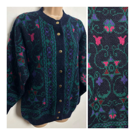 Vintage 1980s Size 14-16 Navy Blue Teal & Pink Abstract Pattern Mohair & Wool Mix Cardigan