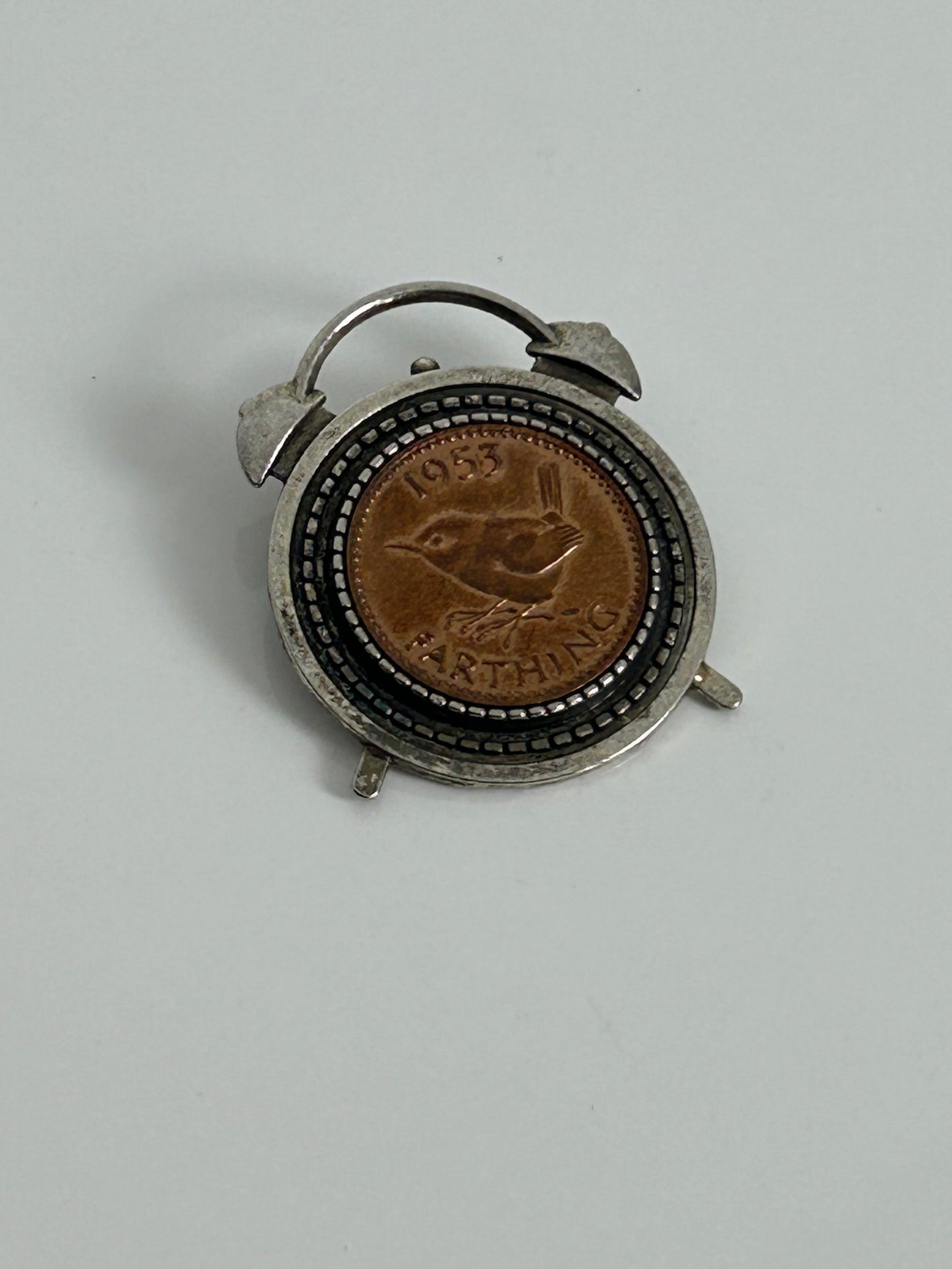 Vintage 1950s RARE Silver Tone 1953 Farthing Coin Set Clock Pin Brooch