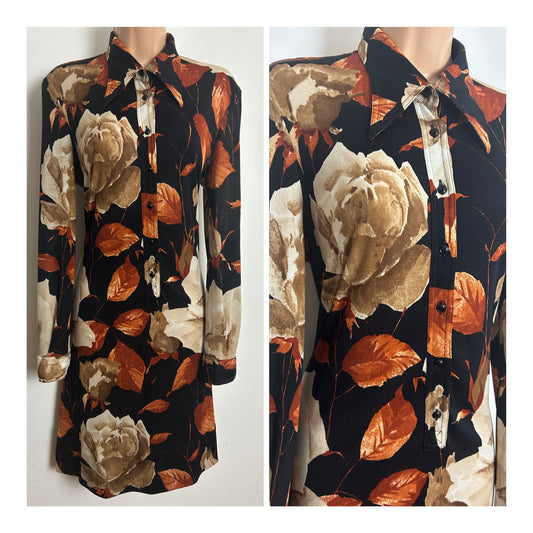 Vintage 1970s MIZAR Size 12-14 Black Rusty Brown & Beige Floral Print Long Sleeve Dagger Collar Shirt Dress