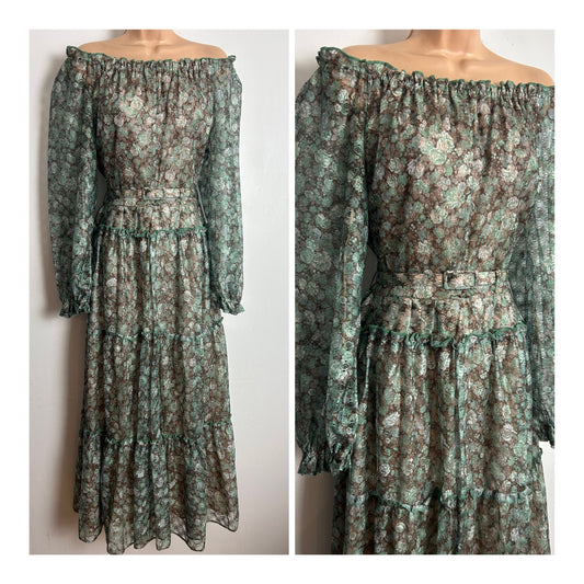Vintage 1970s Size 10 Green & Brown Floral Lace On/Off Shoulder Belted Boho Prairie Maxi Dress