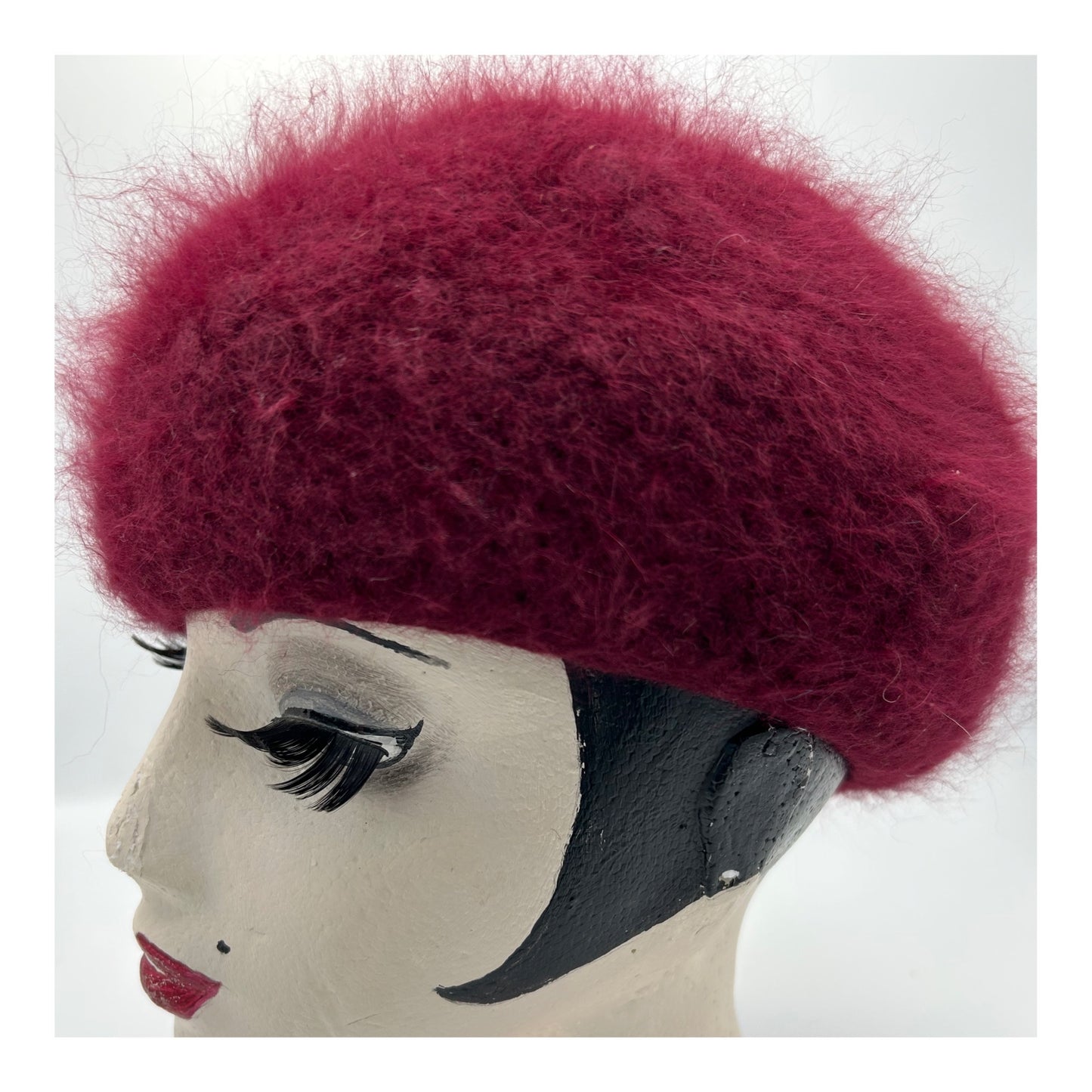 Vintage 1980s Handmade Raspberry Angora & Wool Mix Super Soft Beret Style Winter Hat