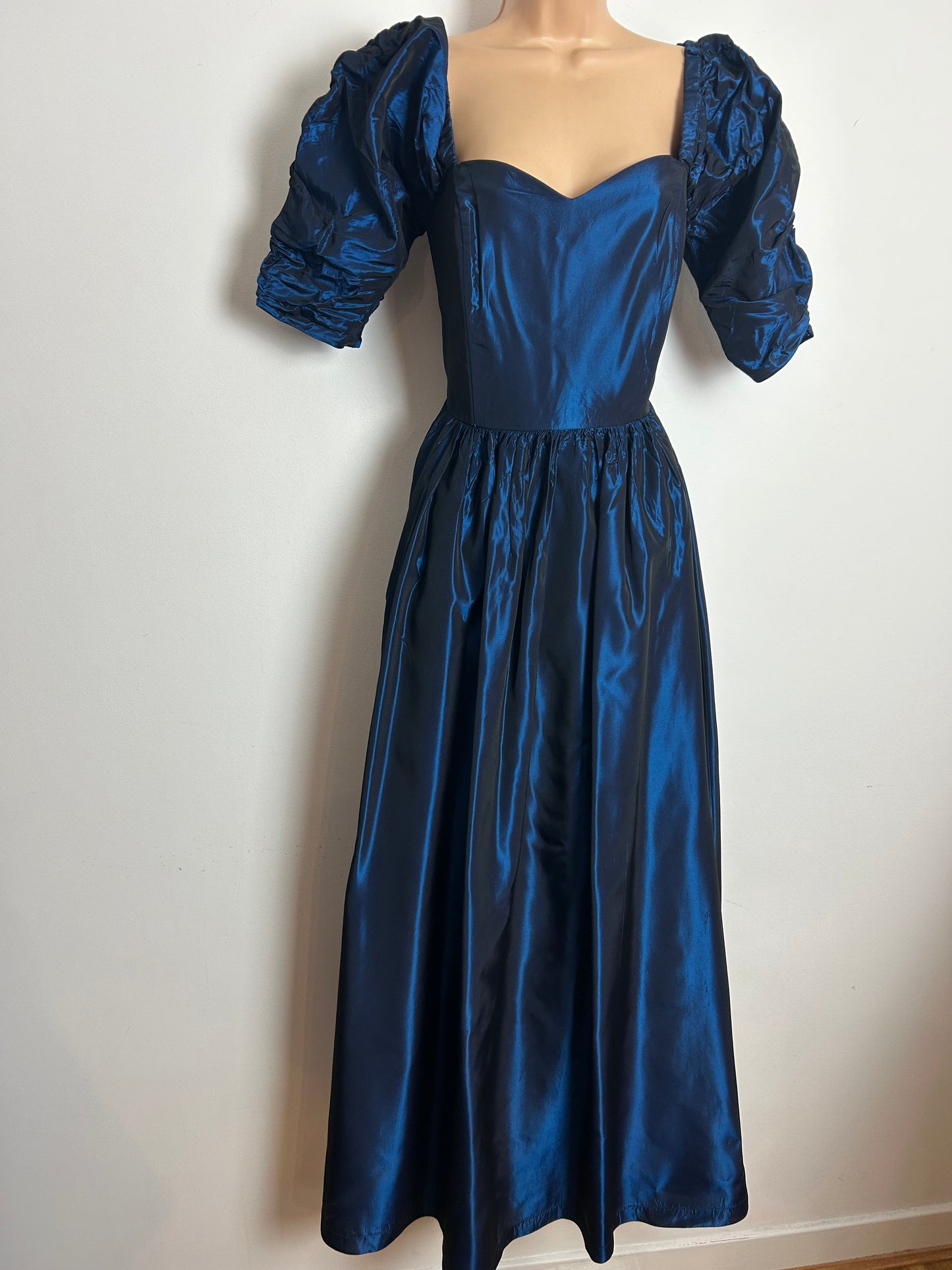 Vintage 1980s LAURA ASHLEY Made In Rep of Ireland Size 12 Midnight Blue Taffeta Maxi Length Evening Gown With Matching Bow Hair Clip