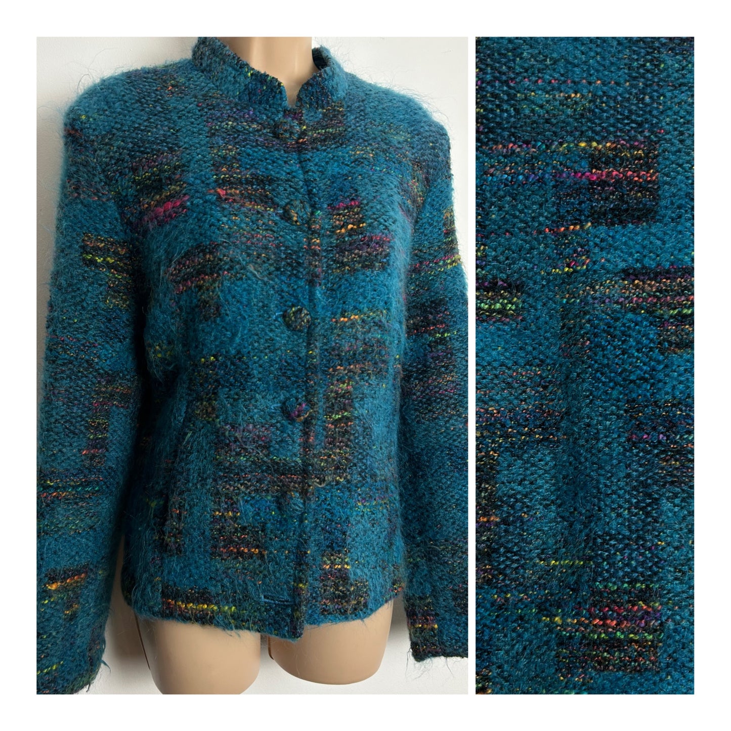 Vintage Early 1980s Size 12-14 Peacock Blue Mohair & Wool Mix Collarless Jacket