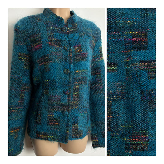 Vintage Early 1980s Size 12-14 Peacock Blue Mohair & Wool Mix Collarless Jacket