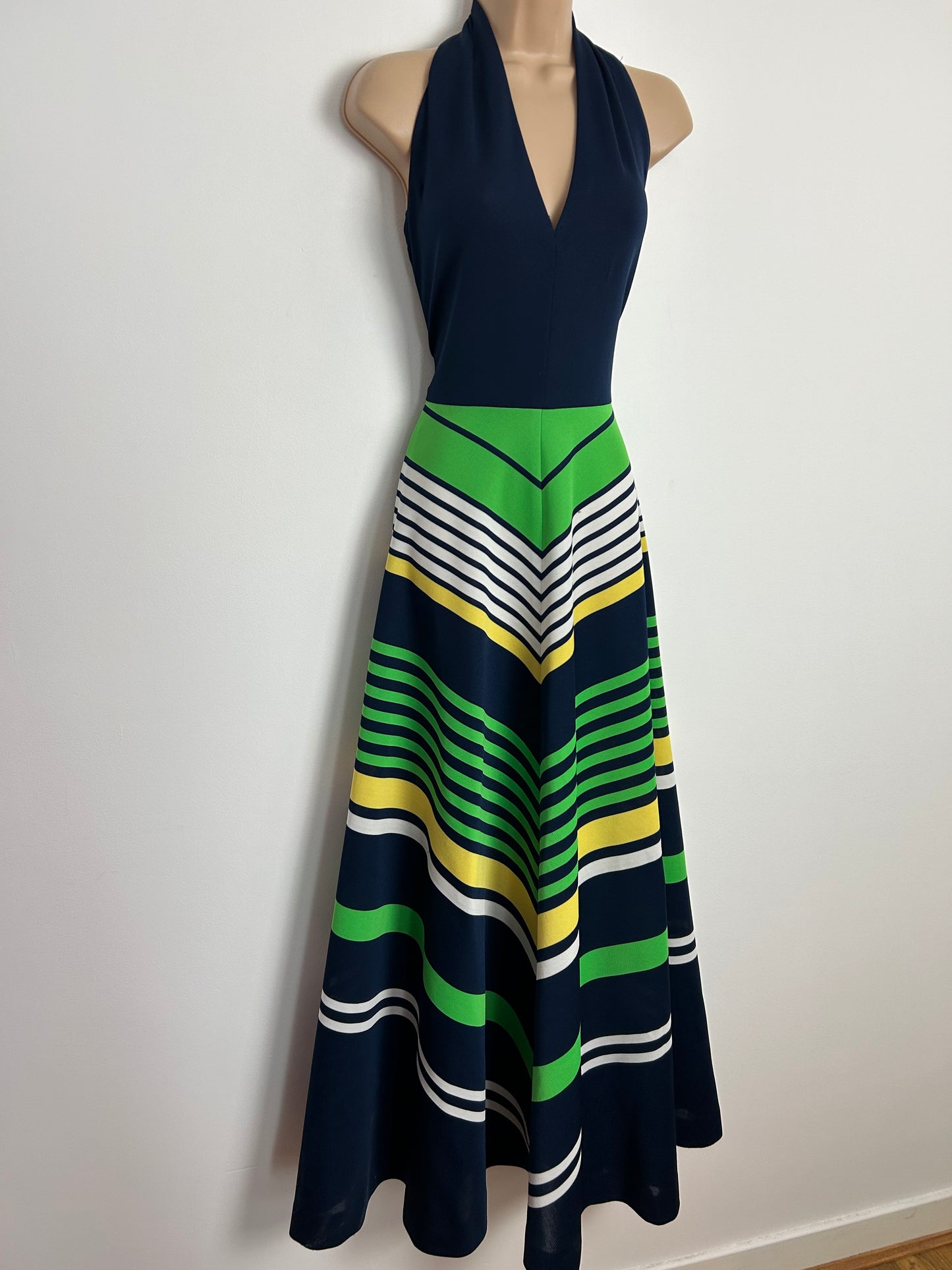 Vintage 1970s UK Size 6 Navy Blue Green & White Stripe Print Halterneck Maxi Dress