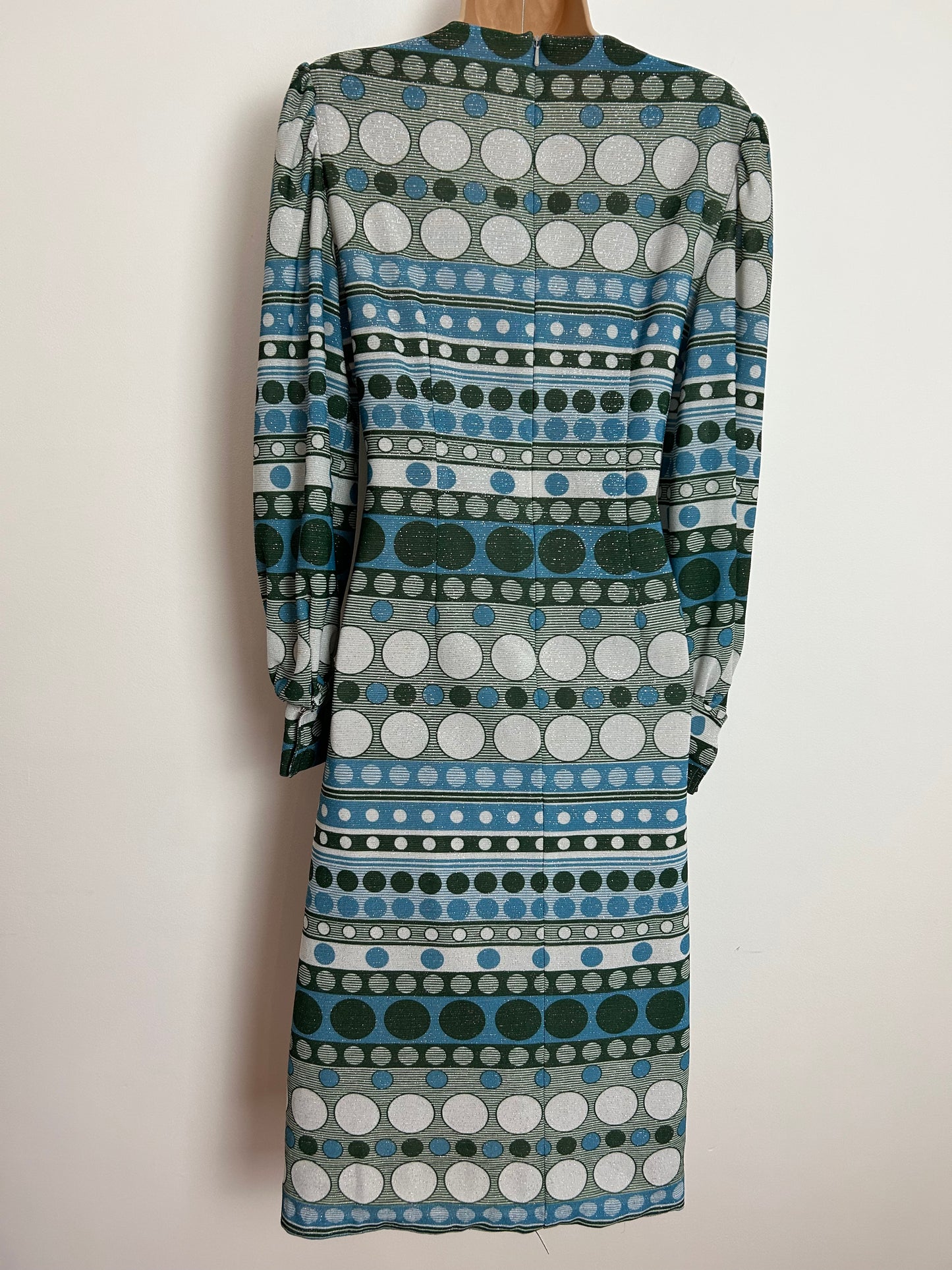 Vintage Early 1970s UK Size 12 LADIES PRIDE Blue Green & Silver Lurex Stripe & Circle Print Long Sleeve Mod Shift Dress