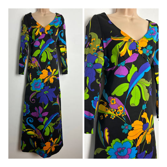 Vintage 1970s UK Size 8-10 Black Vibrant Multicolour Floral Print Long Sleeve Maxi Dress