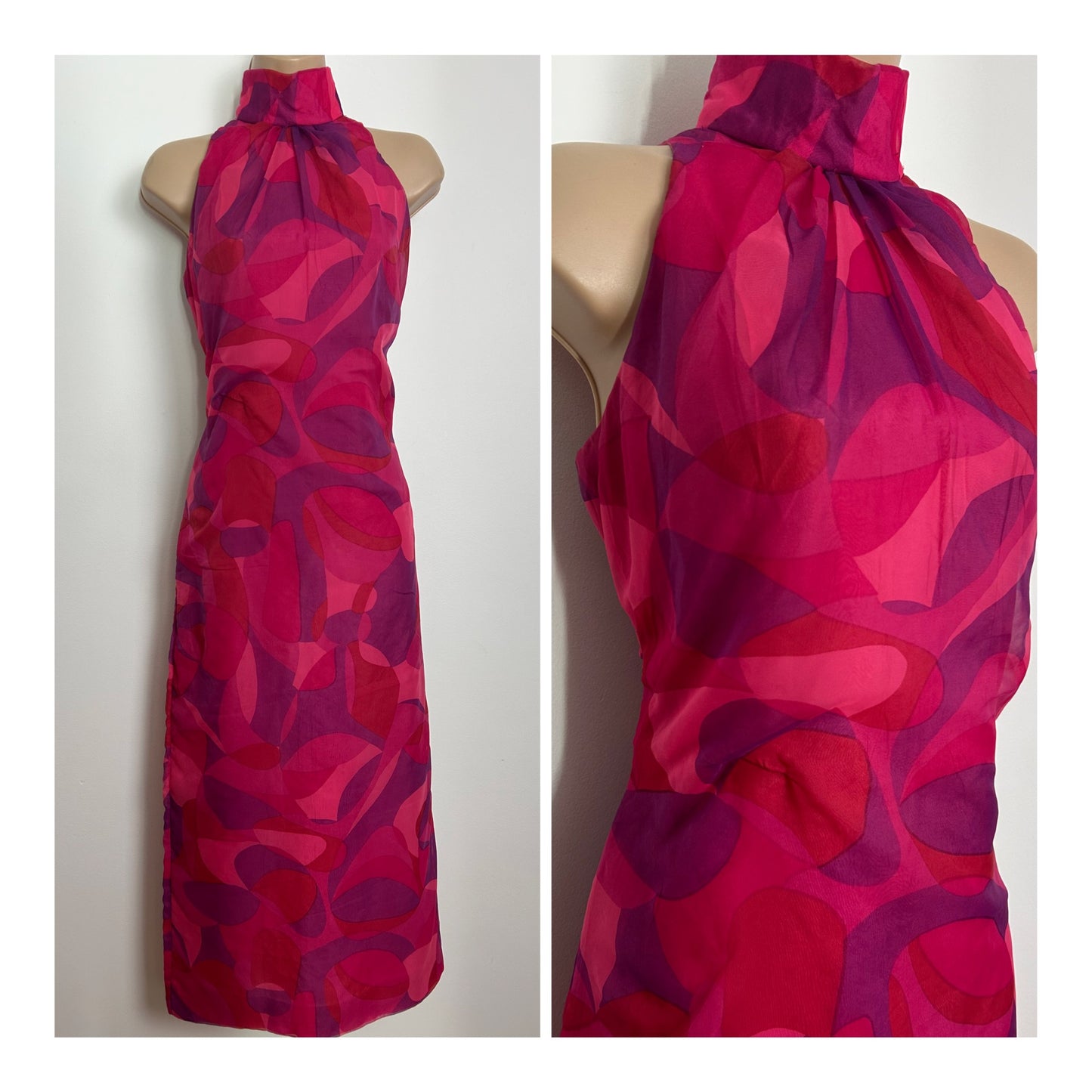 Vintage 1970s Size 10 Pink Tones Abstract Geo Print Sleeveless Midi Occasion Dress