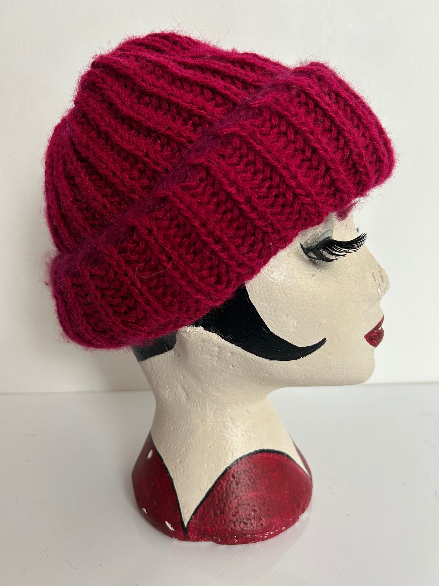 Vintage Raspberry Chunky Rib Knit Turn Up Angora & Wool Mix Beanie Style Hat