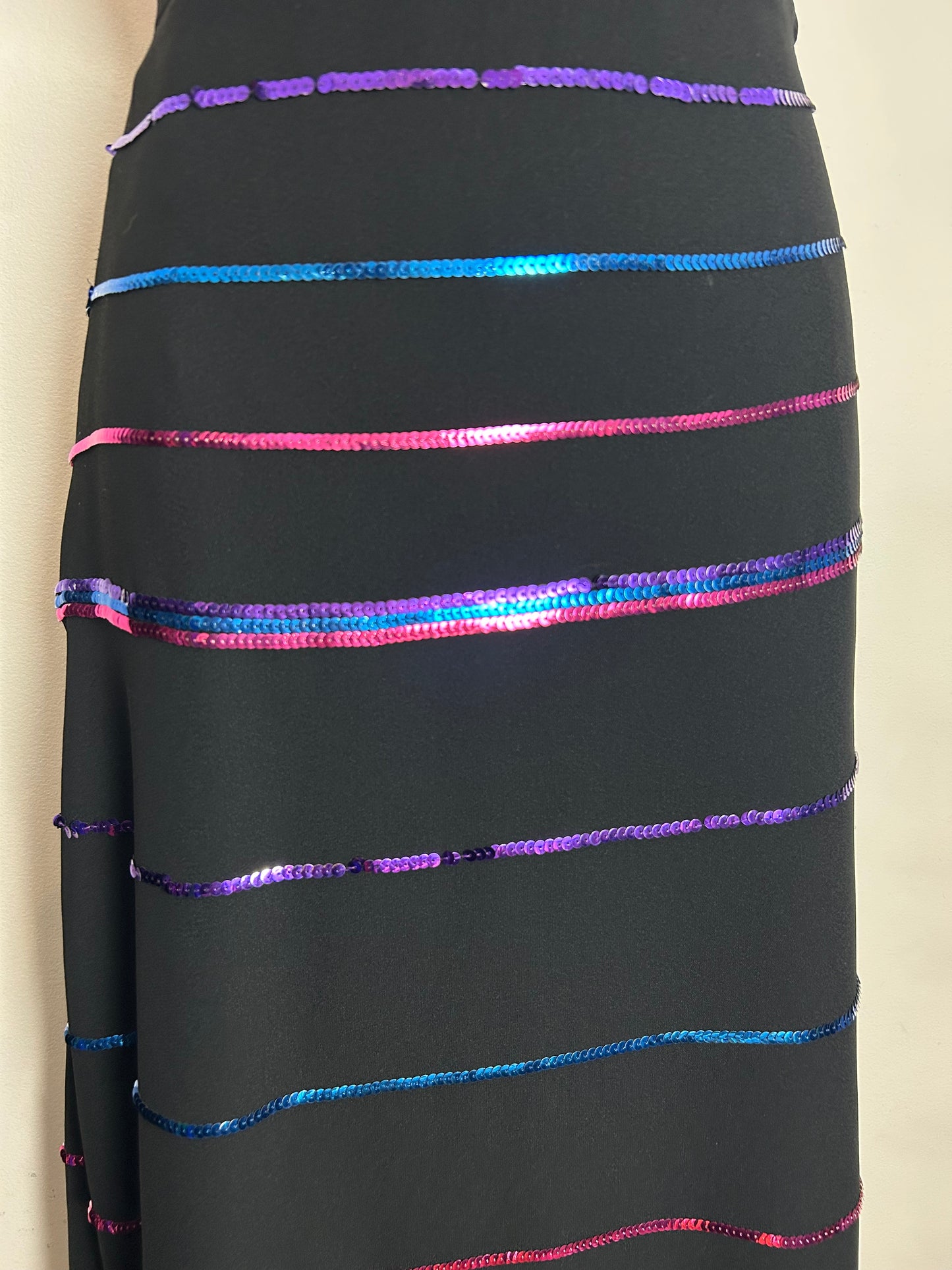 Vintage 1970s LOUIS FERAUD Size 6 Black Halterneck Purple Blue & Pink Sequin Detail Evening Party Maxi Dress