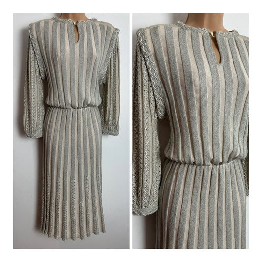 Vintage 1970s/1980s Size 10-12 Gorgeous Neutral Beige Tones Ribbed Pleated Stitch Detail Midi Knitted Dress