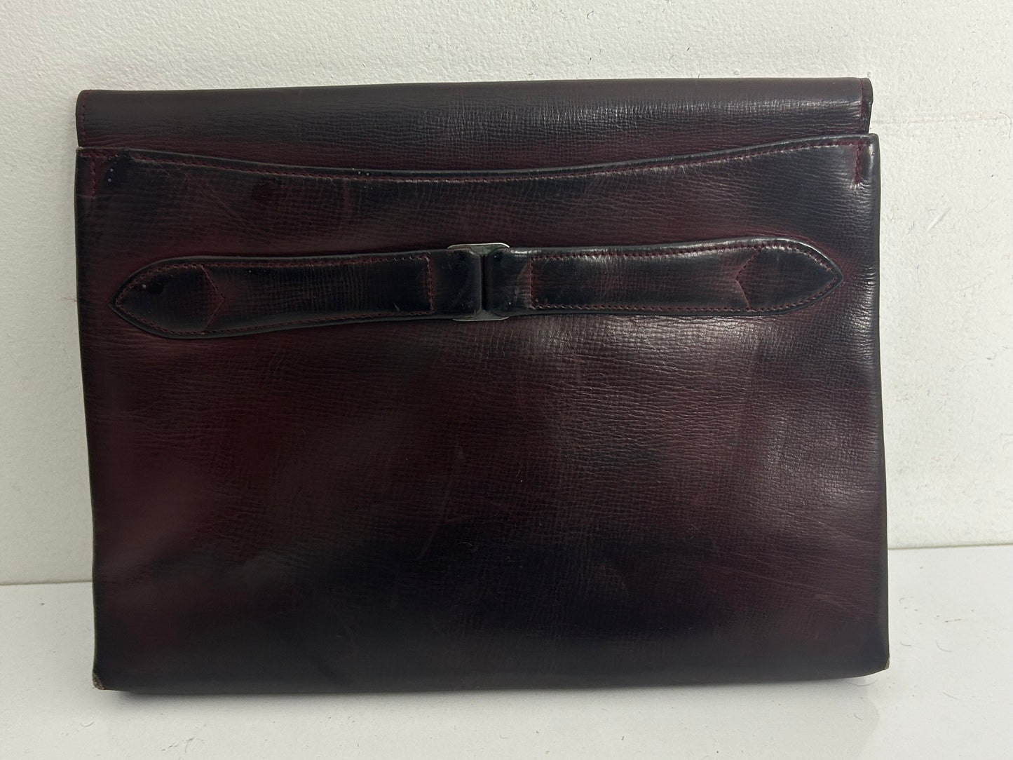 Vintage 1940s Dark Reddish Brown Real Leather Clutch Handbag With Hand Strap