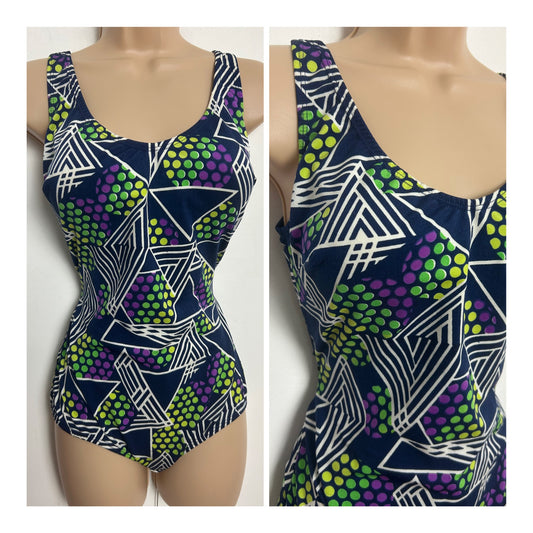 Vintage 1970s Size 14 Navy Blue White Green & Purple Stripe Geo & Spot Print Moulded Cups Swimsuit