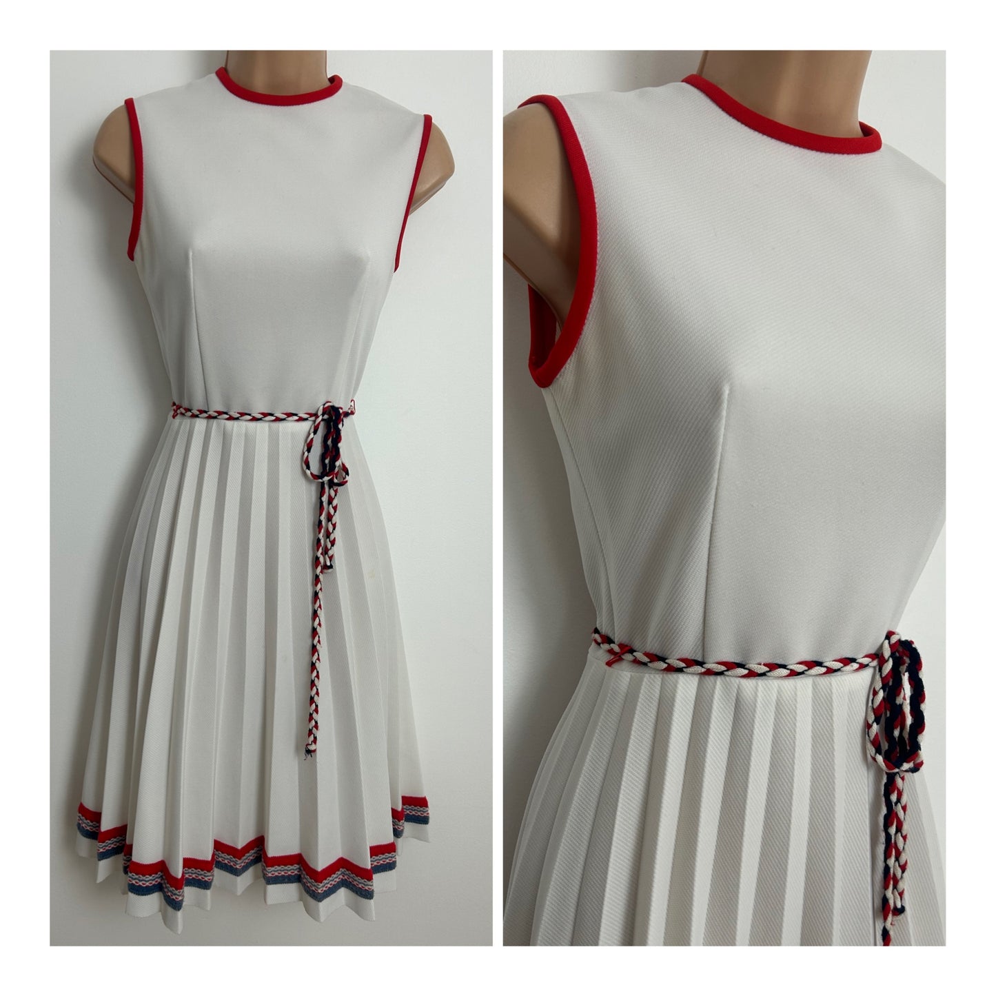 Vintage Early 1970s Size 6 White Red & Blue Stripe Braid Embellished Belted Pleated Summer Mod Dress