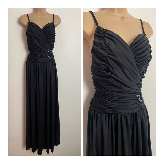 Vintage Late 1970s UK Size 8 Black Ruched & Sequin Detail Evening Occasion Maxi Dress