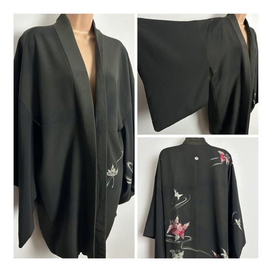 Vintage Up To Size 14/16 Beautiful Very Dark Grey Pink & Silver Floral Print Japanese Haori Kimono Jacket