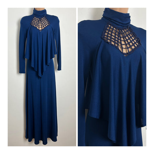 Vintage 1970s SHELANA Size 10 Navy Blue Lattice Neck Layered Long Sleeve Maxi Dress