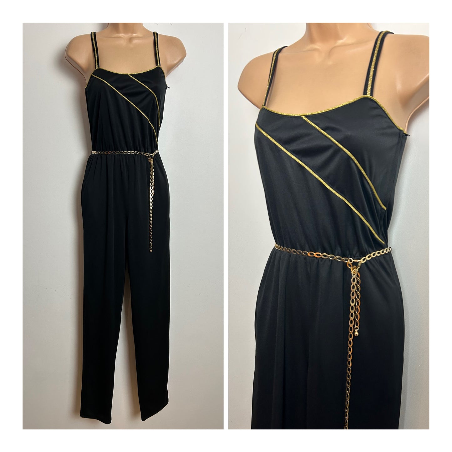 Vintage 1980s Size 6 Black & Metallic Gold Piping Trim Strappy Belted Tapered Evening Party Jumpsuit
