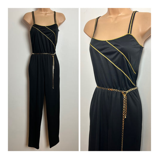 Vintage 1980s Size 6 Black & Metallic Gold Piping Trim Strappy Belted Tapered Evening Party Jumpsuit