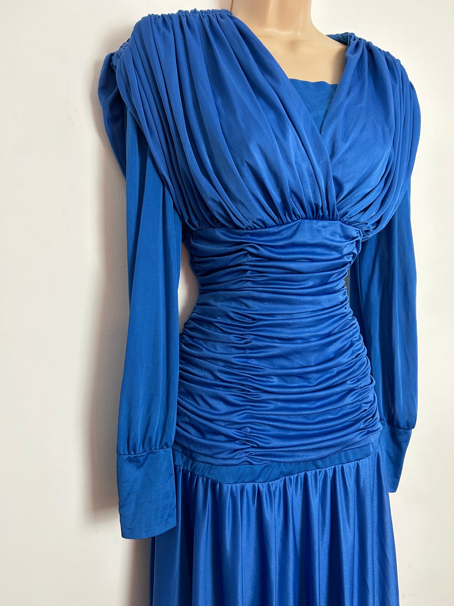 Vintage 1980s UK Size 10 CREATION JOLIE Royal Blue Ruched Draped Maxi Length Occasion Evening Dress