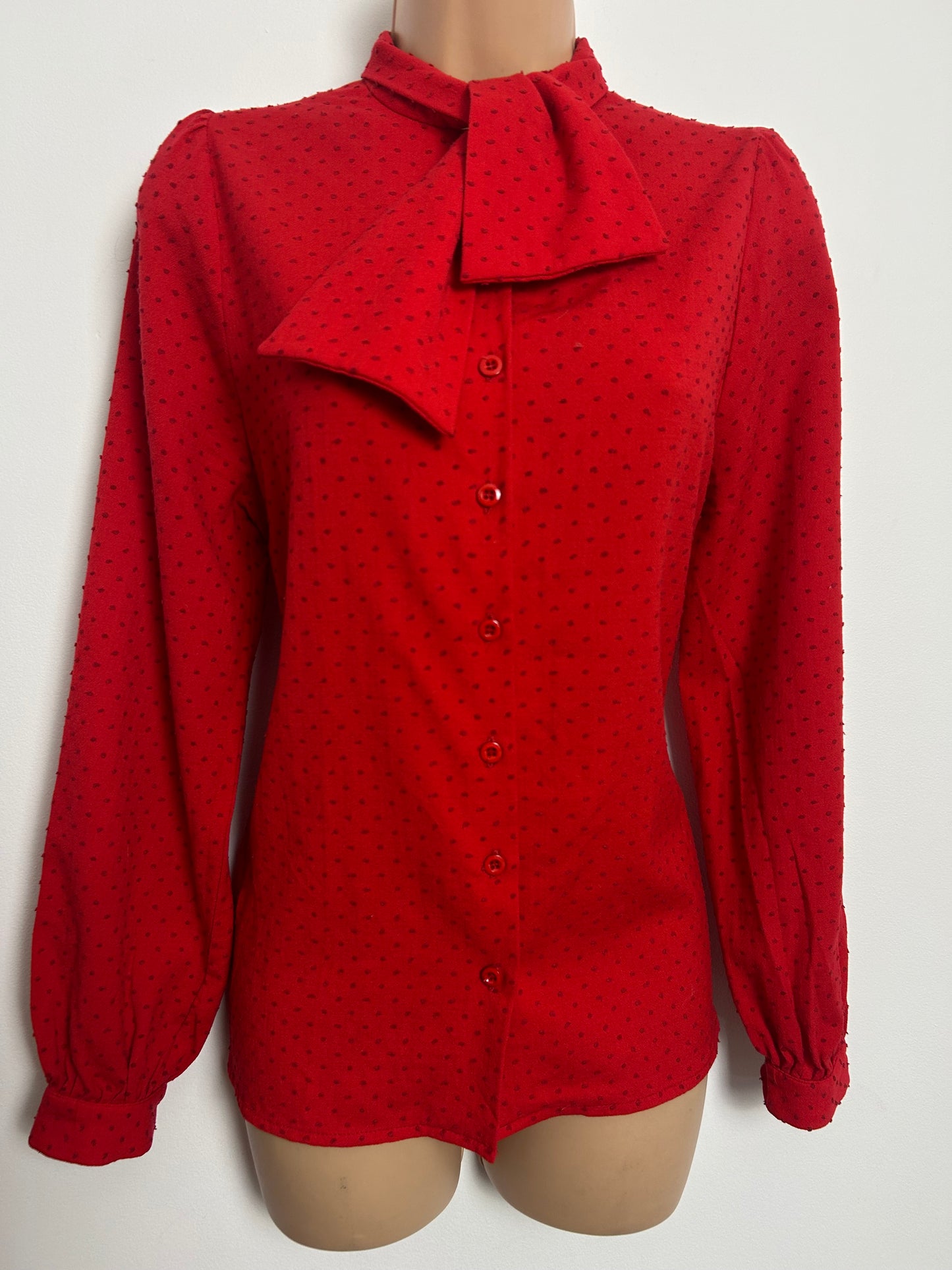 Vintage Late 1970s JAEGER (Made In England) Size 10-12 Red Swiss Dot Scarf Neck Cotton Shirt