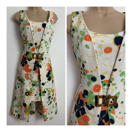 Vintage 1960s Size 8 White Green Orange & Navy Abstract Floral Print Mock Two Piece Mod Shift Dress With Gold Buckle Detail