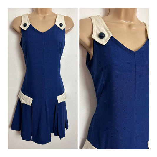 Vintage 1960s UK Size 8 Navy Blue & White Contrast Mini Mod Pleated Shift Dress