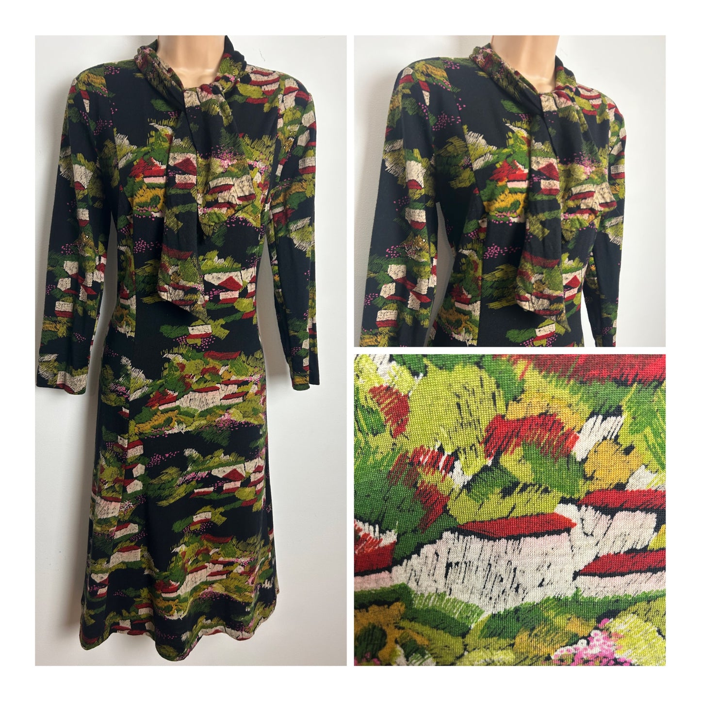 Vintage 1970s Size 10-12 Black Red Beige & Green Abstract Houses & Country Scene Jersey Dress