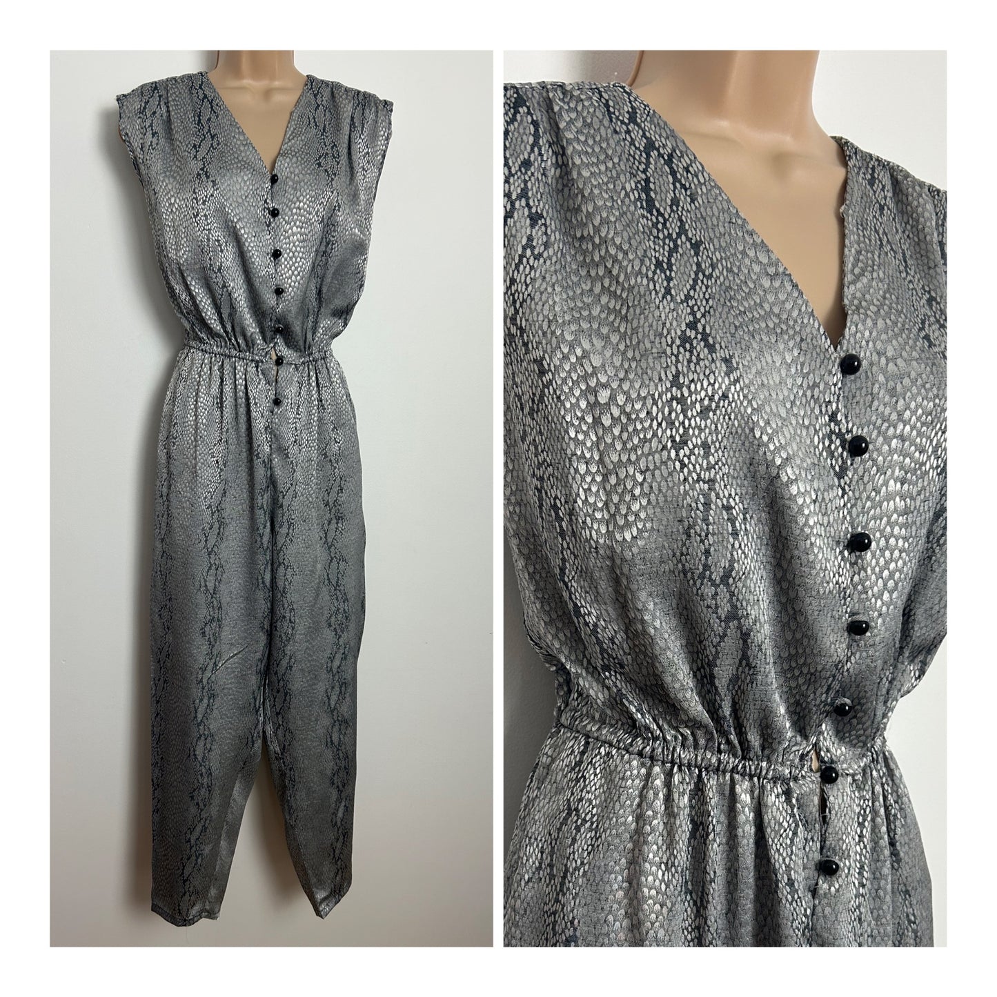 Vintage 1980s Size 8-10 Shimmery Silver & grey Snake Skin Print Cropped Tapered Leg Jumpsuit