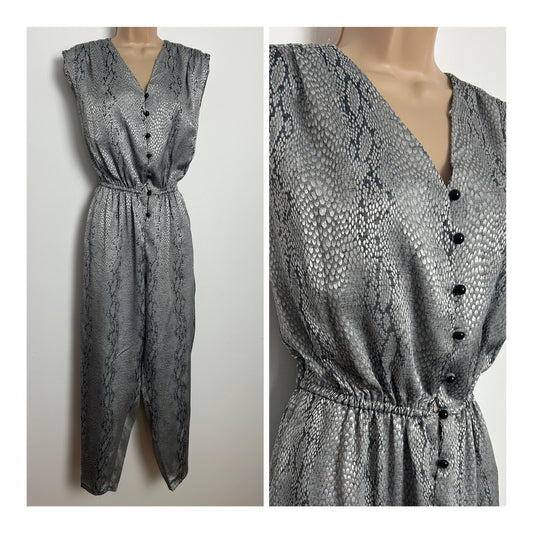 Vintage 1980s Size 8-10 Shimmery Silver & grey Snake Skin Print Cropped Tapered Leg Jumpsuit