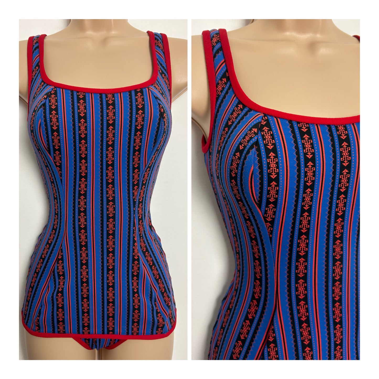Vintage 1950s HIPPOCAMP Approx Size 12 Blue & Red Abstract Stripe Print Skirted Swimsuit