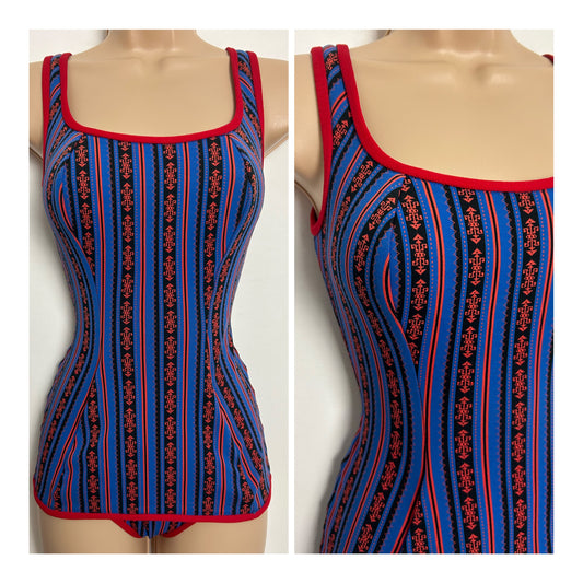 Vintage 1950s HIPPOCAMP Approx Size 12 Blue & Red Abstract Stripe Print Skirted Swimsuit