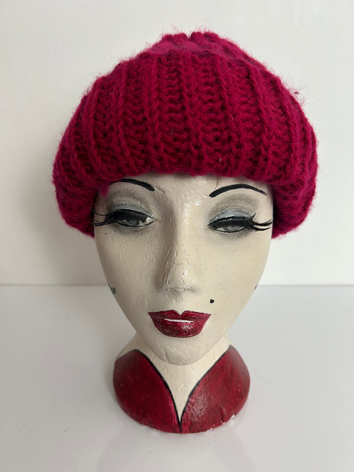 Vintage Raspberry Chunky Rib Knit Turn Up Angora & Wool Mix Beanie Style Hat