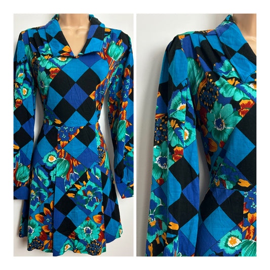 Vintage 1970s DEADSTOCK Size 10-12 Peacock Blue Orange & Mint Harlequin & Floral Mod Day Dress