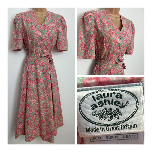 Vintage 1980s LAURA ASHLEY Size 10 (14 On Label) Pink & Mint Green Floral Print Cotton Tea Dress