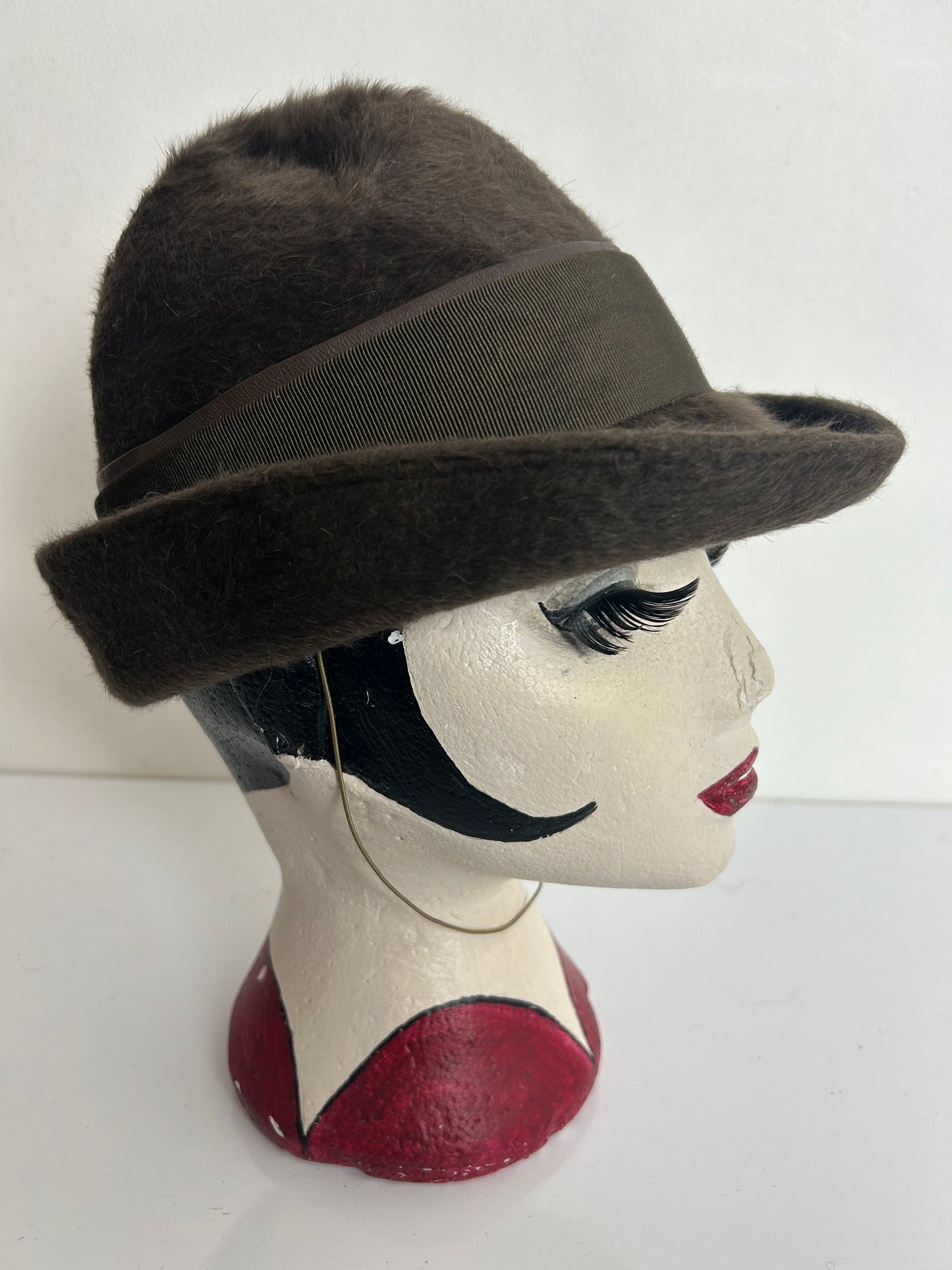 Vintage 1970s Dark Olive Green Angora Mix Austrian Peaked Hat