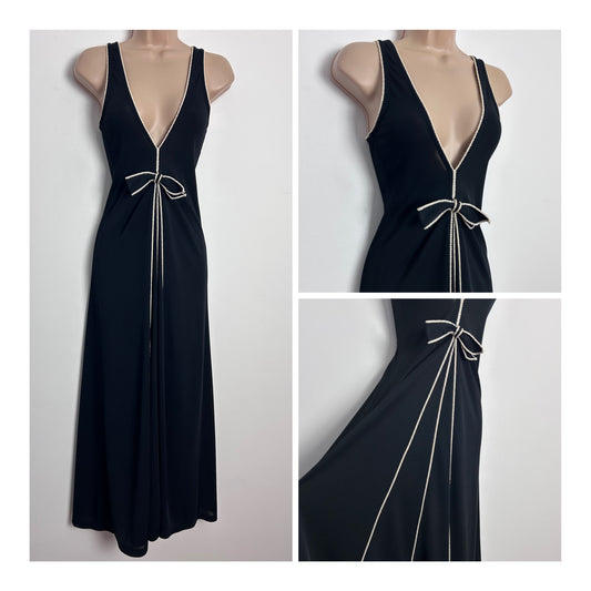 Vintage 1970s UK Size 8 Black Twist Braid Trim Plunge Neck Bow Detail Sleeveless Occasion Maxi Dress
