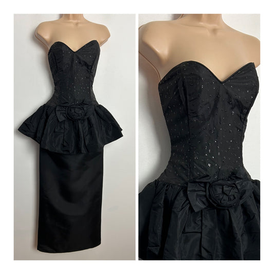 Vintage 1980s GUNNE SAX BY JESSICA McCLINTOCK Black Strapless Boned Sequin Peplum Floral Corsage Gothic Style Cocktail Evening Dress