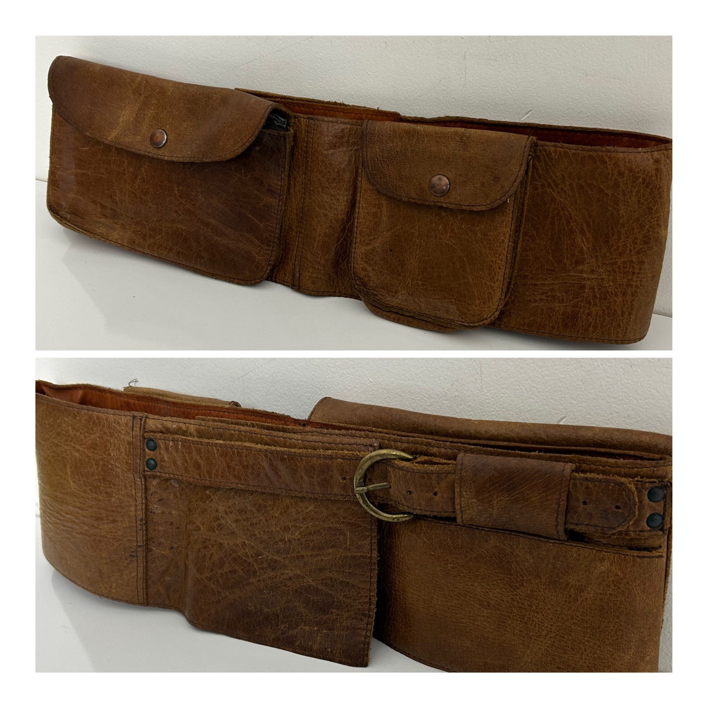 Vintage 1970s Dark Tan Brown Leather Money Market Traders Utility Belt