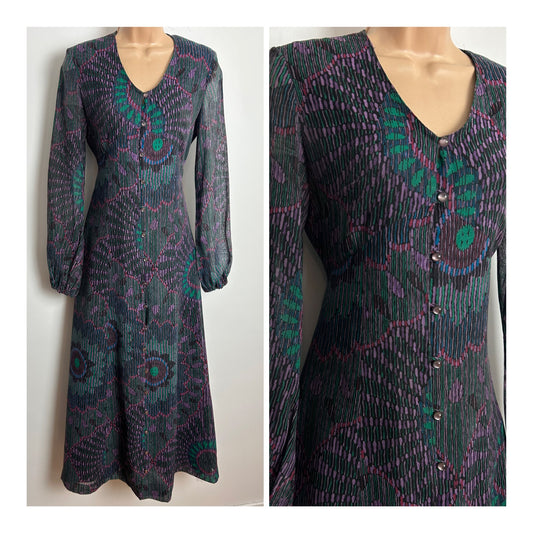 Vintage 1970s CANDA INTERNATIONAL Size 8 Black Dark Green Pink & Lilac Abstract Floral Print Long Sleeve Cotton Maxi Dress