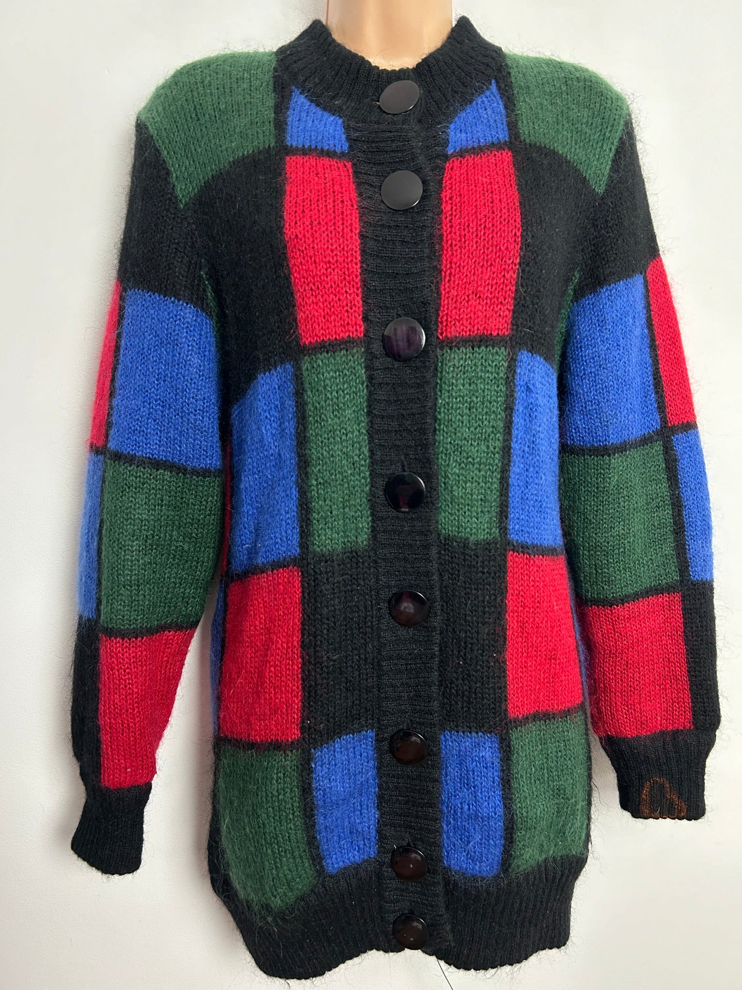 Vintage 1980s CINNAMON Up To Size 16 Black Red Green Blue Check 50% Mohair Longer Length Cardigan/Coatigan