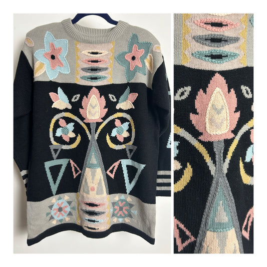 Vintage 1980s 1990s Up To Size 16 Black Grey Pink & Blue Abstract Floral Wool Mix Jumper